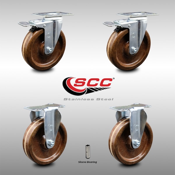 5 Inch SS High Temp Phenolic Top Plate Caster Lock Brake 2 Rigid SCC, 2PK